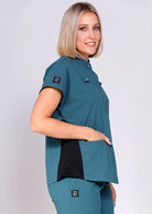 Teal High Collar scrub top with mesh