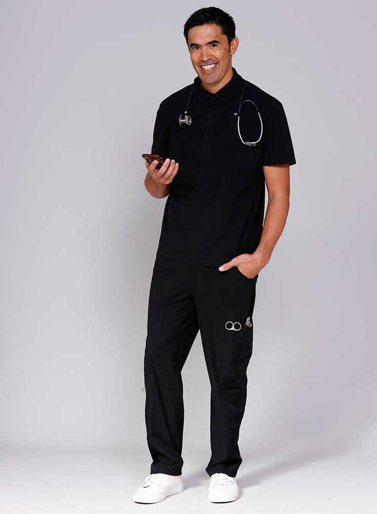 Mens black collared scrub shirt and pants