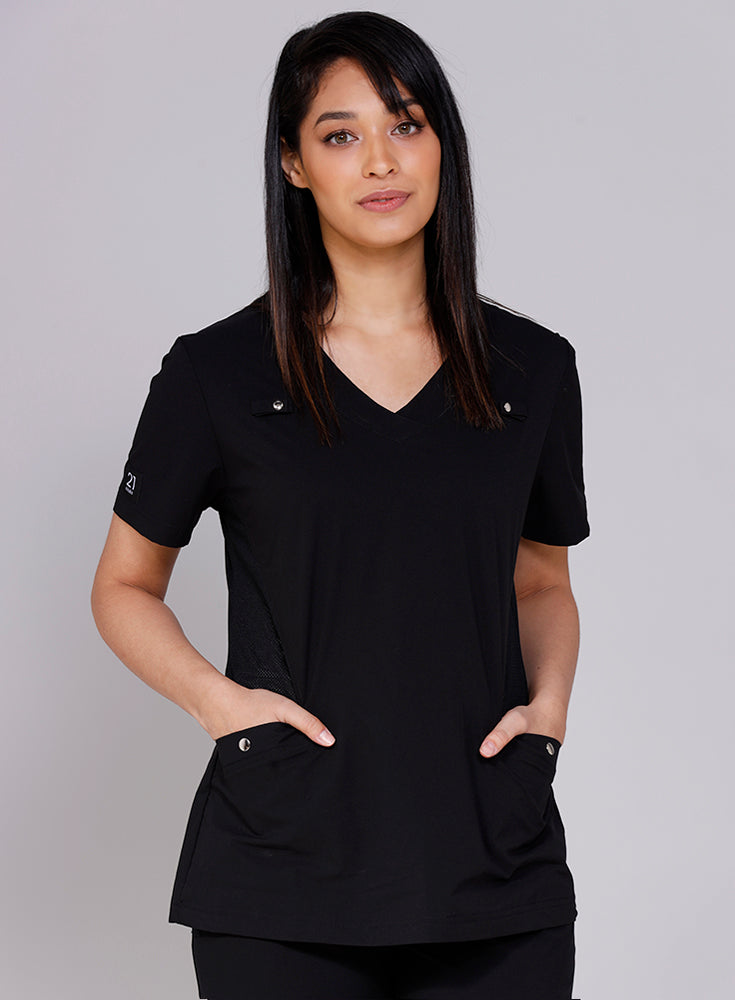 Funky black womens scrub top with v-neck