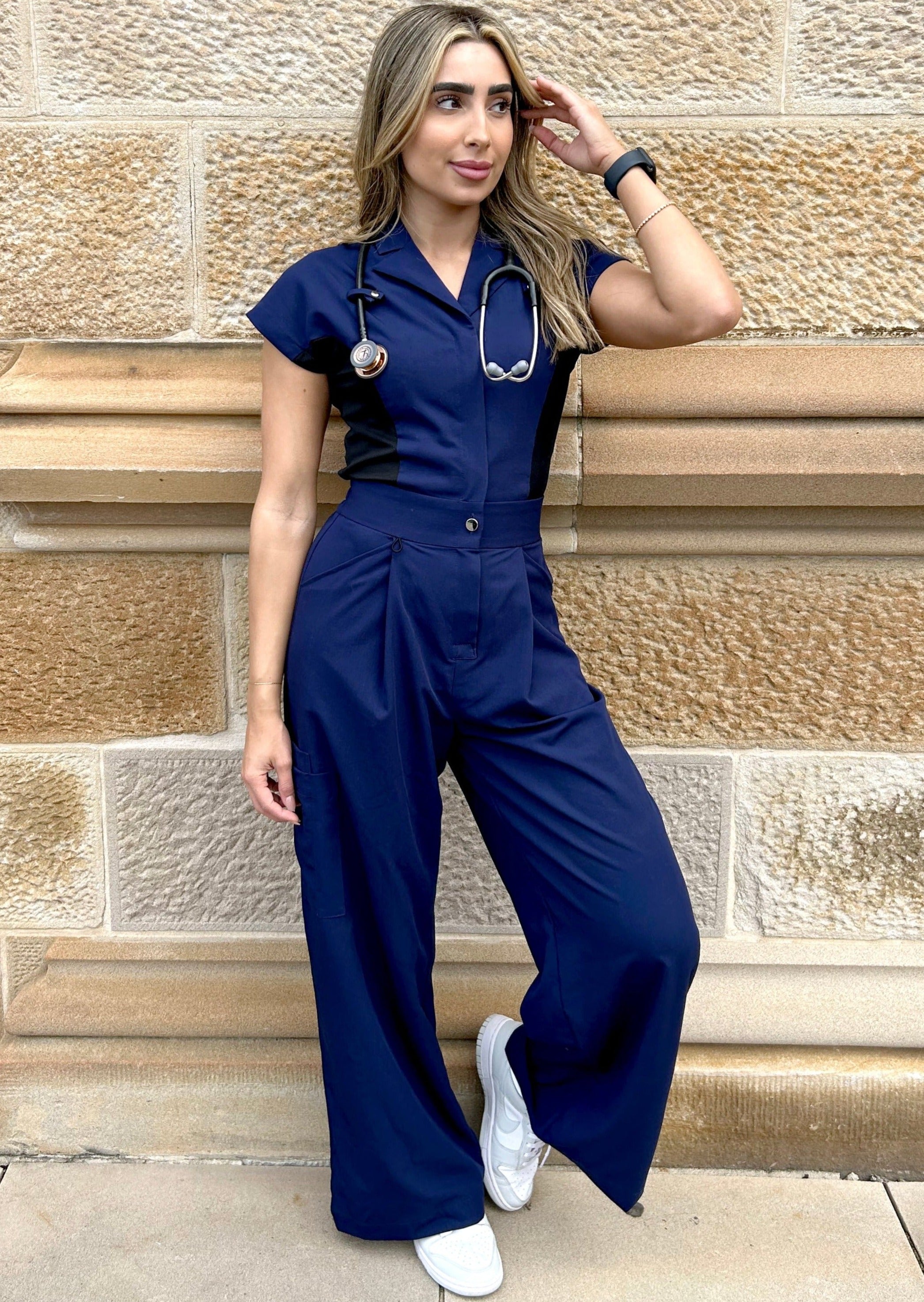 Navy wide leg scrub jumpsuit