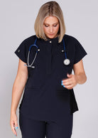 Navy high collar scrub top with buttons