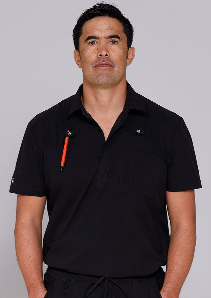 Mens black scrub top open neck